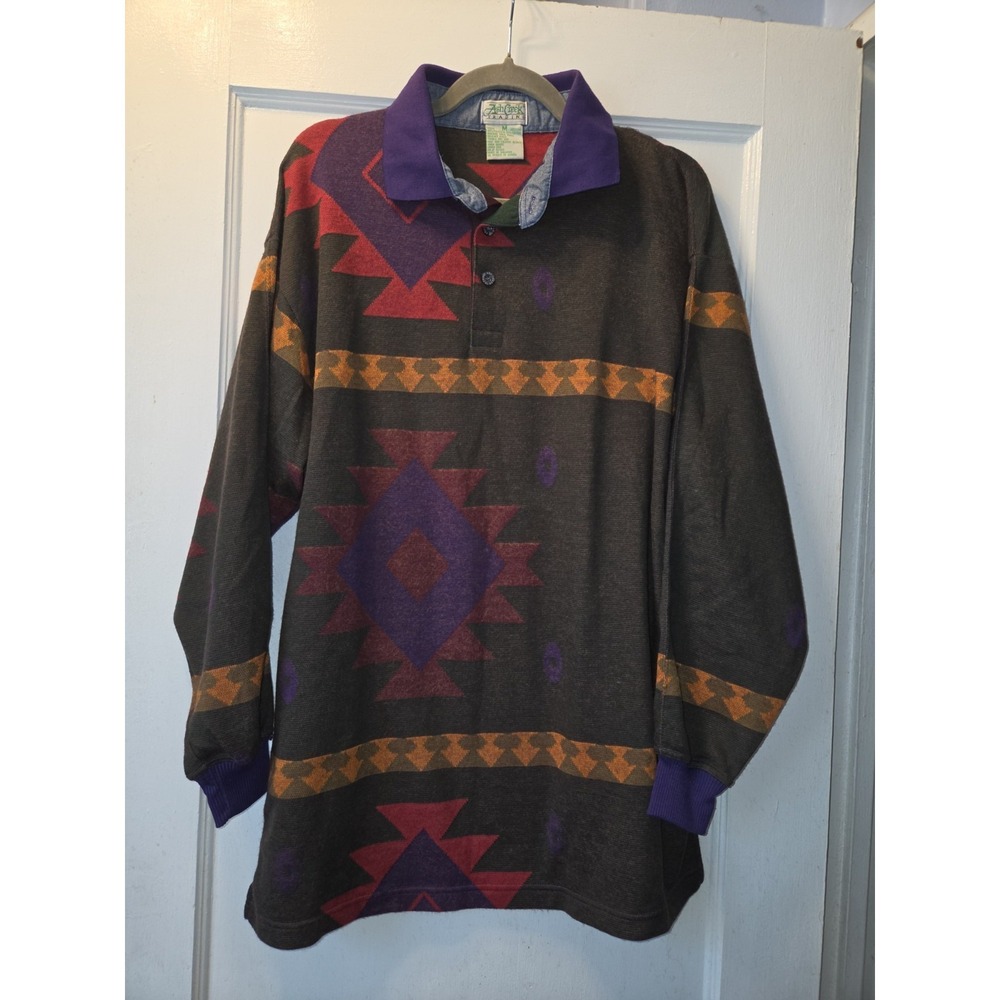 Vtg Ash Creek Trading Polo Mens Geometric Aztec Long Sleeve Shirt Sz M